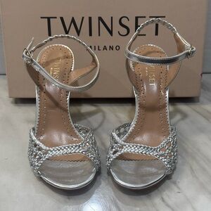 Twin-Set Metallic Silver Braided Heels